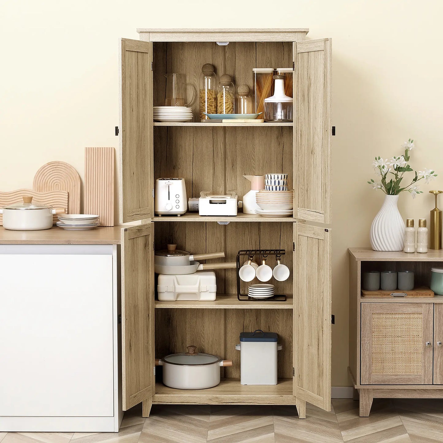 72" Freestanding Storage Cabinet, Kitchen Pantry with Doors, Shelves, Natural