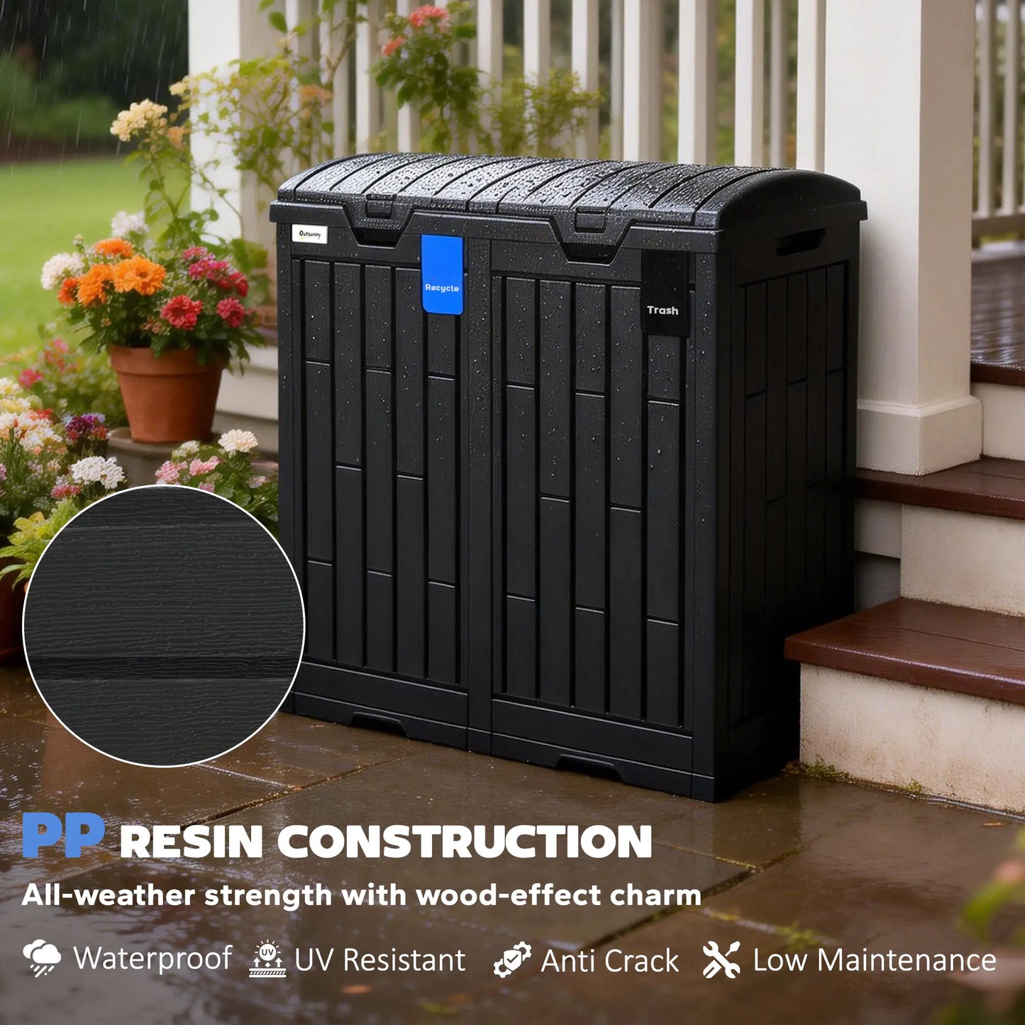 58 Gallon Double Outdoor Garbage Bin, Dual Lid, Plastic Waste Trash Can, Black Garden Accessories at Gallery Canada