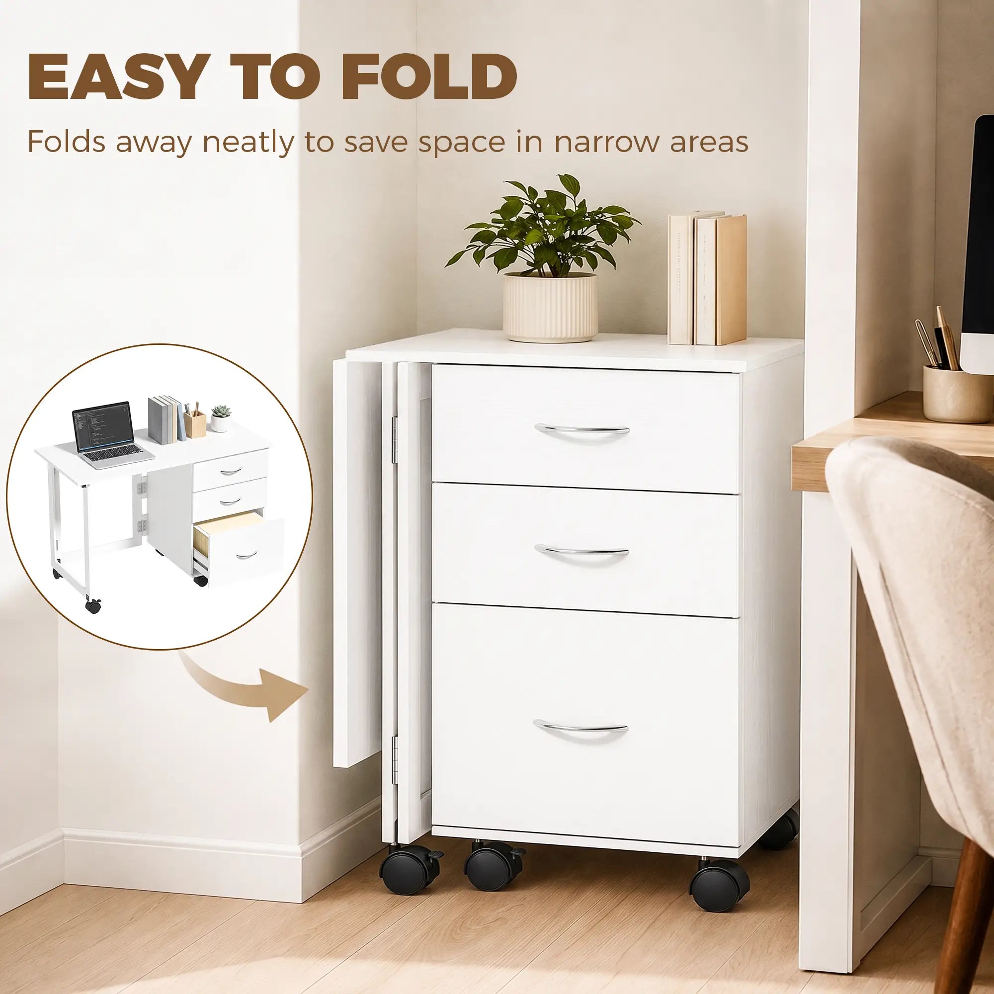 Foldable Computer Desk, 3 Drawers, White Computer Desks at Gallery Canada