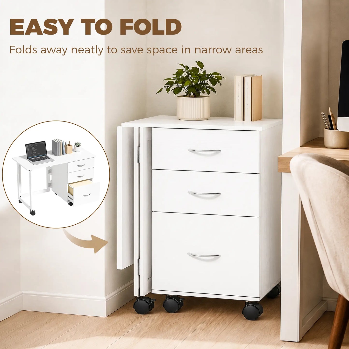 Foldable Computer Desk, 3 Drawers, White Computer Desks at Gallery Canada
