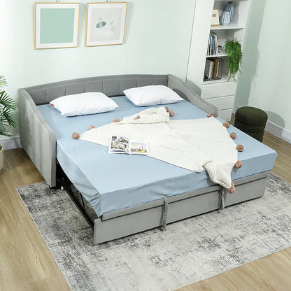 Upholstered Twin Size Trundle Bed, With Headboard And Pockets, Light Grey