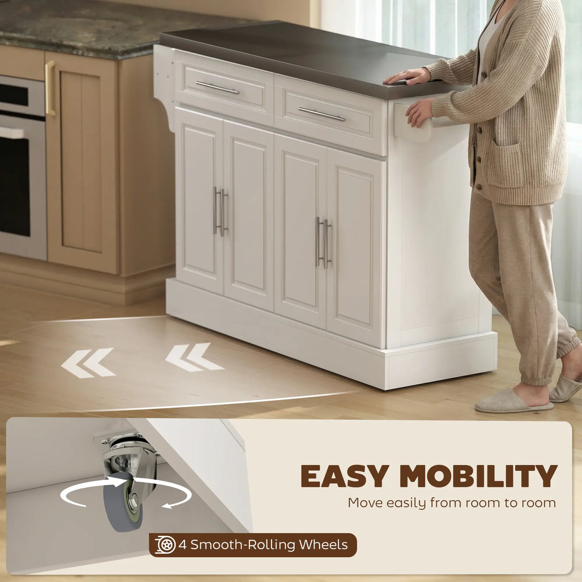Rolling Kitchen Island with Storage, Stainless Steel Top, Drawers, Cabinets Kitchen Islands & Kitchen Carts at Gallery Canada