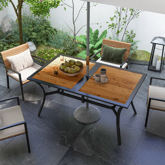Outdoor Dining Table with Umbrella Hole, 59" x 35", Brown Patio Dinning Tables Brown Wood Grain, Black at Gallery Canada