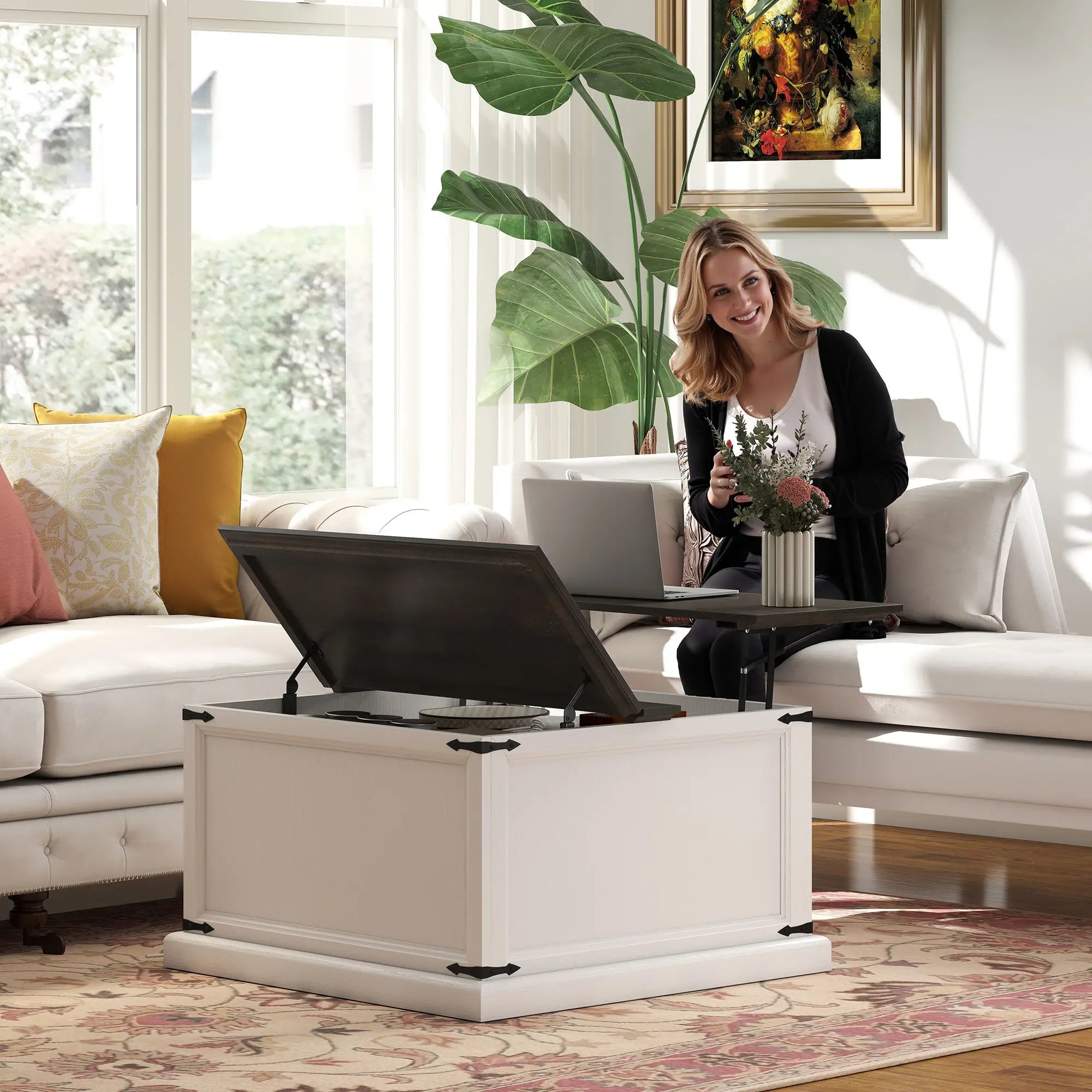 Lift Top Coffee Table, Square Farmhouse Center Table, White Wood Grain, White Coffee Tables at Gallery Canada