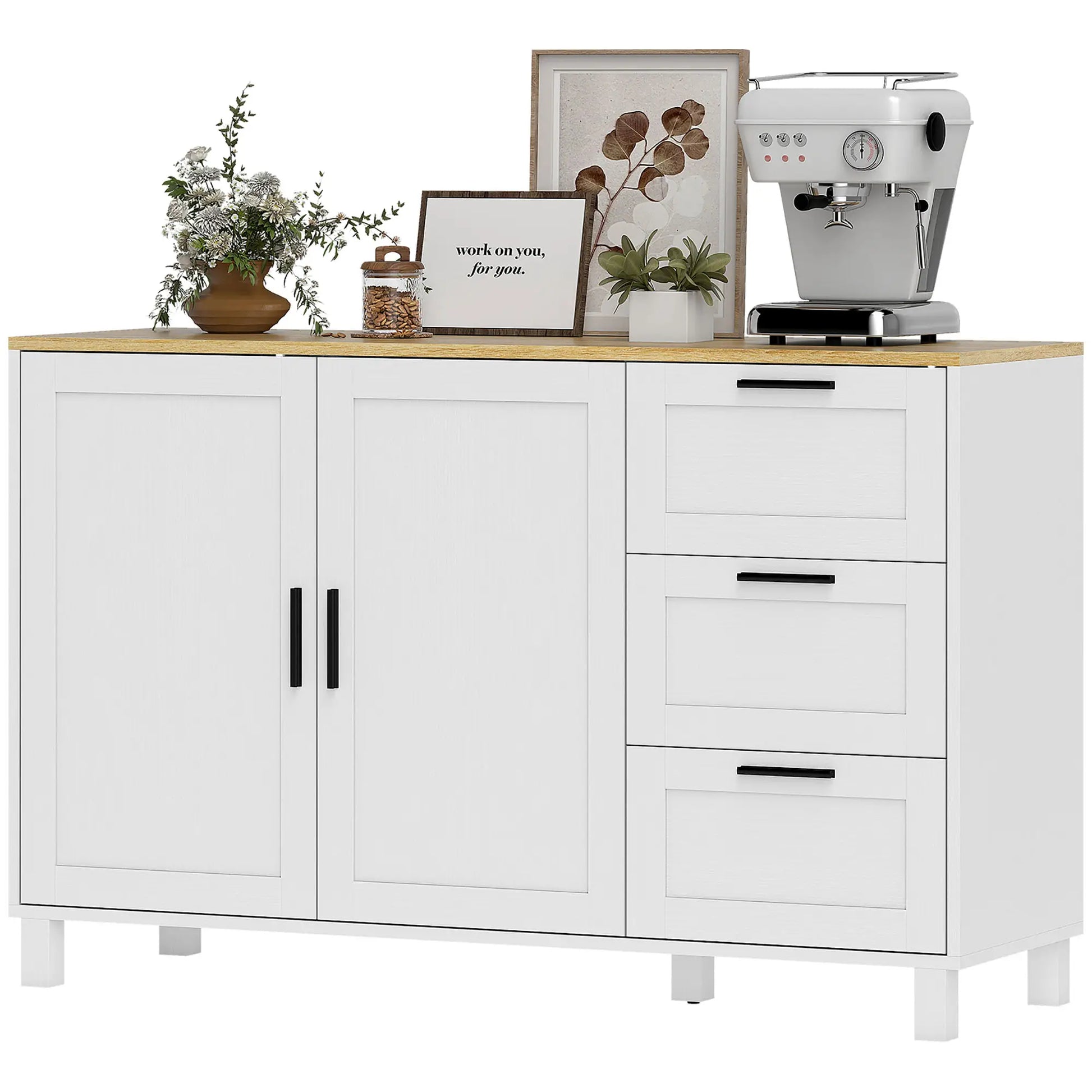 Buffet Cabinet with Soft Close Doors, Modern Sideboard with 3 Drawers, White Bar Cabinets White, Natural at Gallery Canada