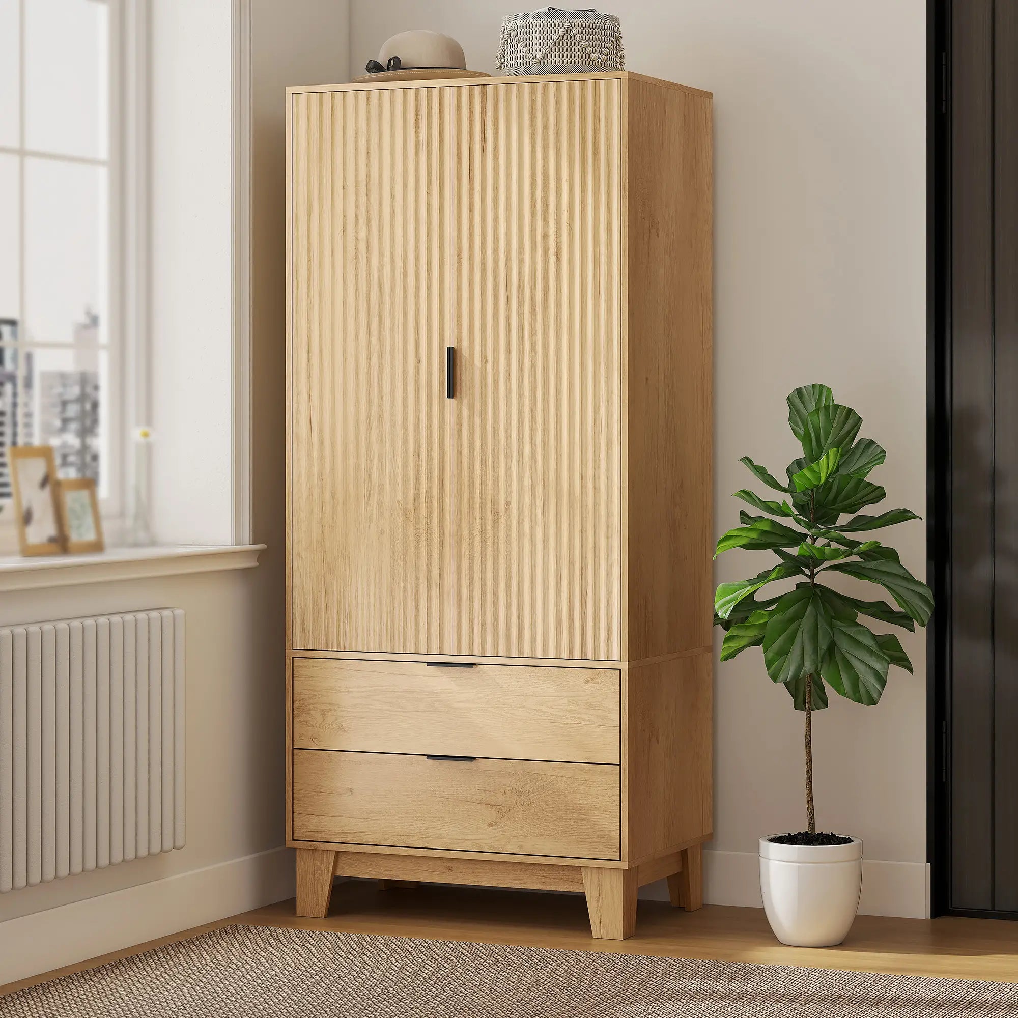 Modern Wardrobe Closet, Freestanding Armoire, 2 Drawers, Hanging Rod, Natural Clothing Storage at Gallery Canada