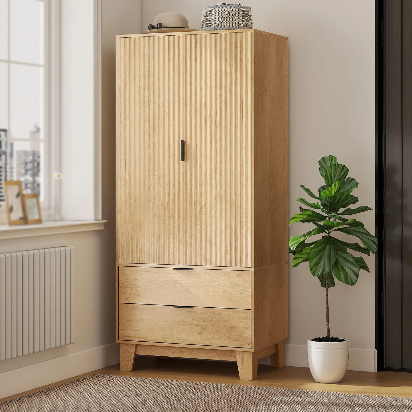 Modern Wardrobe Closet, Freestanding Armoire, 2 Drawers, Hanging Rod, Natural Clothing Storage at Gallery Canada