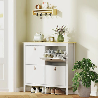 Narrow Shoe Cabinet, 4 Flip Drawers, Adjustable Shelves, White