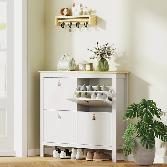 Narrow Shoe Cabinet, 4 Flip Drawers, Adjustable Shelves, White Shoe Storage Cabinets & Racks White, Oak at Gallery Canada