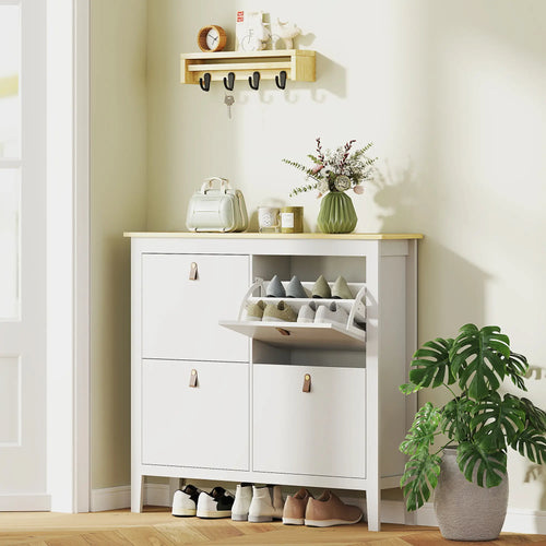 Narrow Shoe Cabinet, 4 Flip Drawers, Adjustable Shelves, White