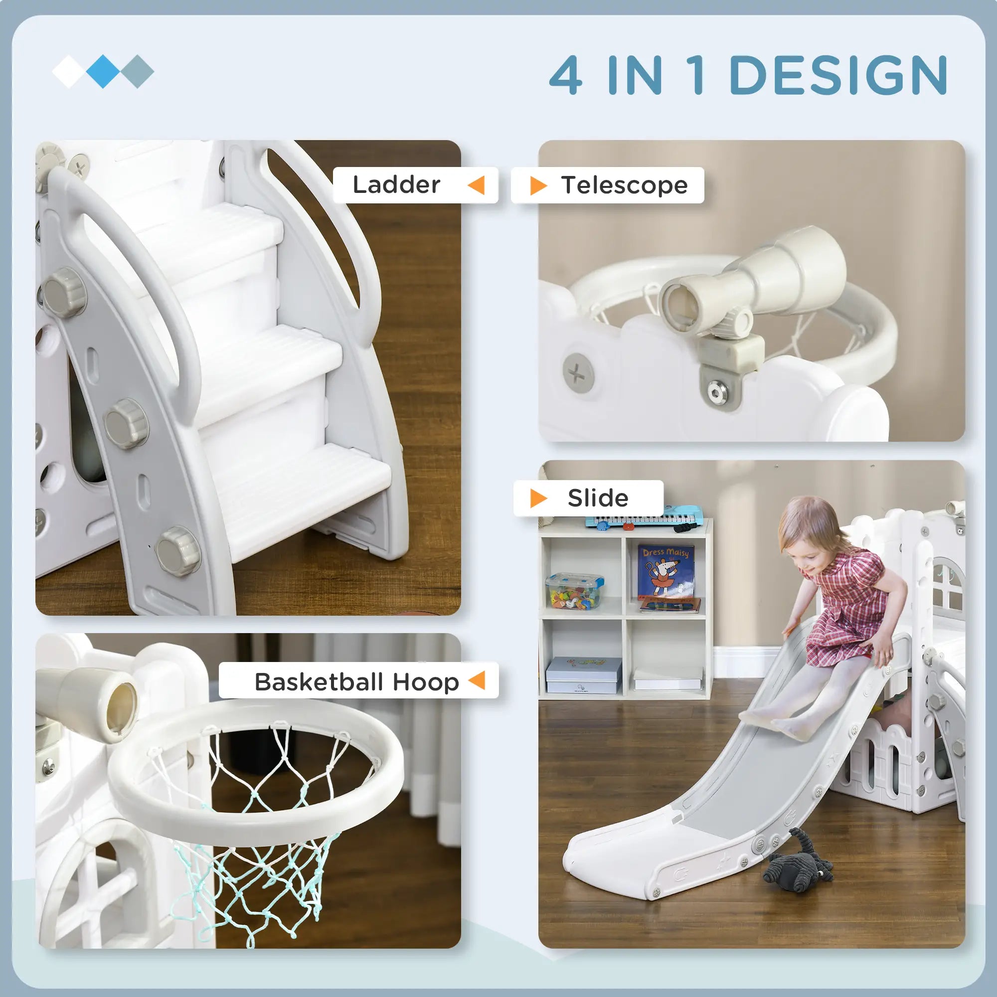 Toddler Slide, Basketball Hoop, Climber, Telescope, Storage Basket, 1-3 Years, Grey Gym Sets & Swings at Gallery Canada