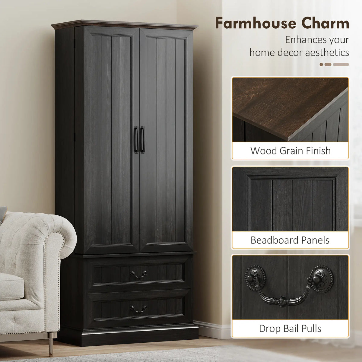 72 Inch LED Kitchen Pantry Cabinet, 10 Shelves, 2 Drawers, Black Kitchen Pantry Cabinets at Gallery Canada