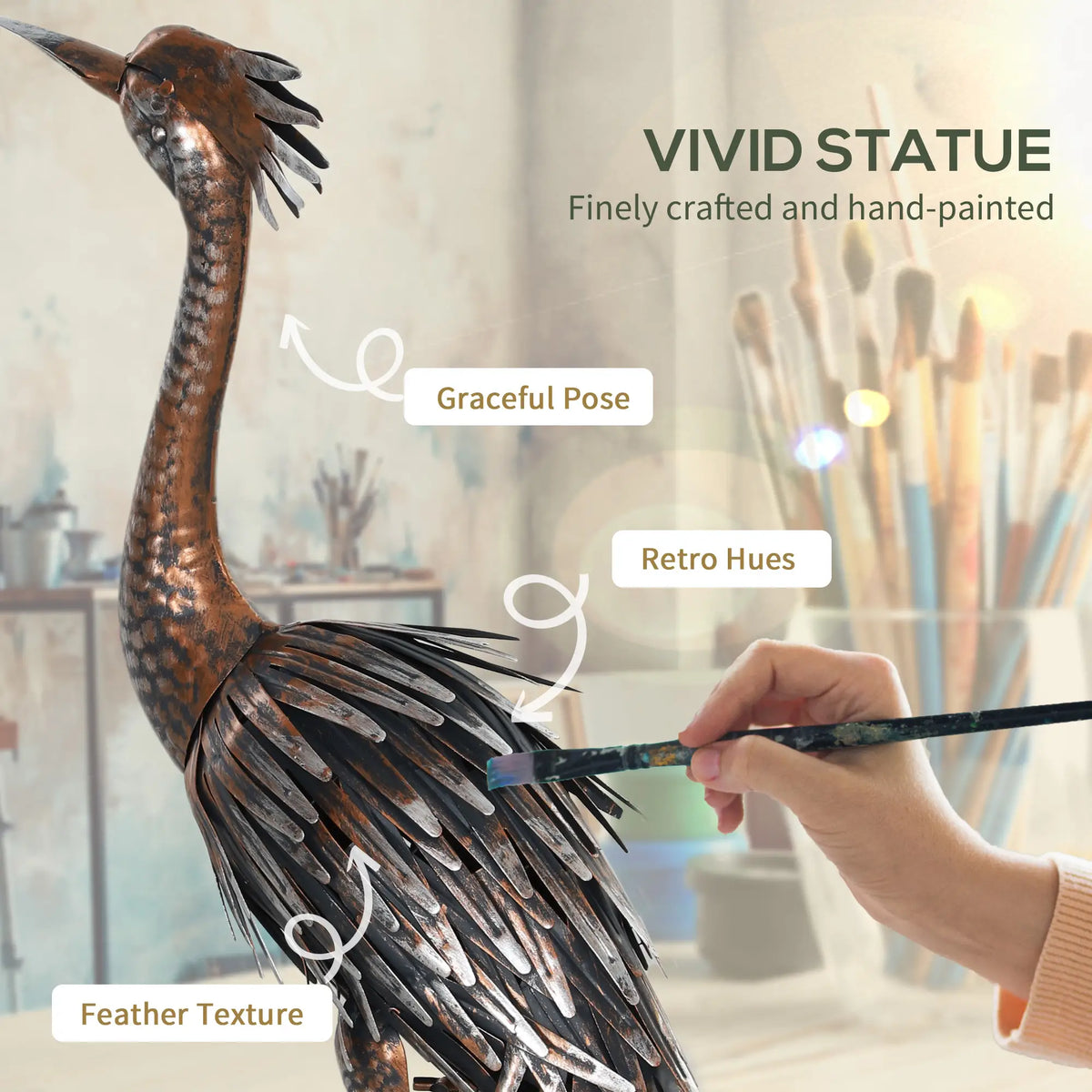 Garden Statue, Heron Standing Sculpture, 12.2"W x 7.1"D x 28"H, Silver Tone Garden Decor at Gallery Canada