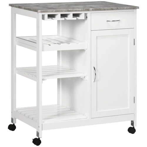 Rolling Kitchen Cart, Bar Cart with Wine Rack, Drawer, Shelves, White