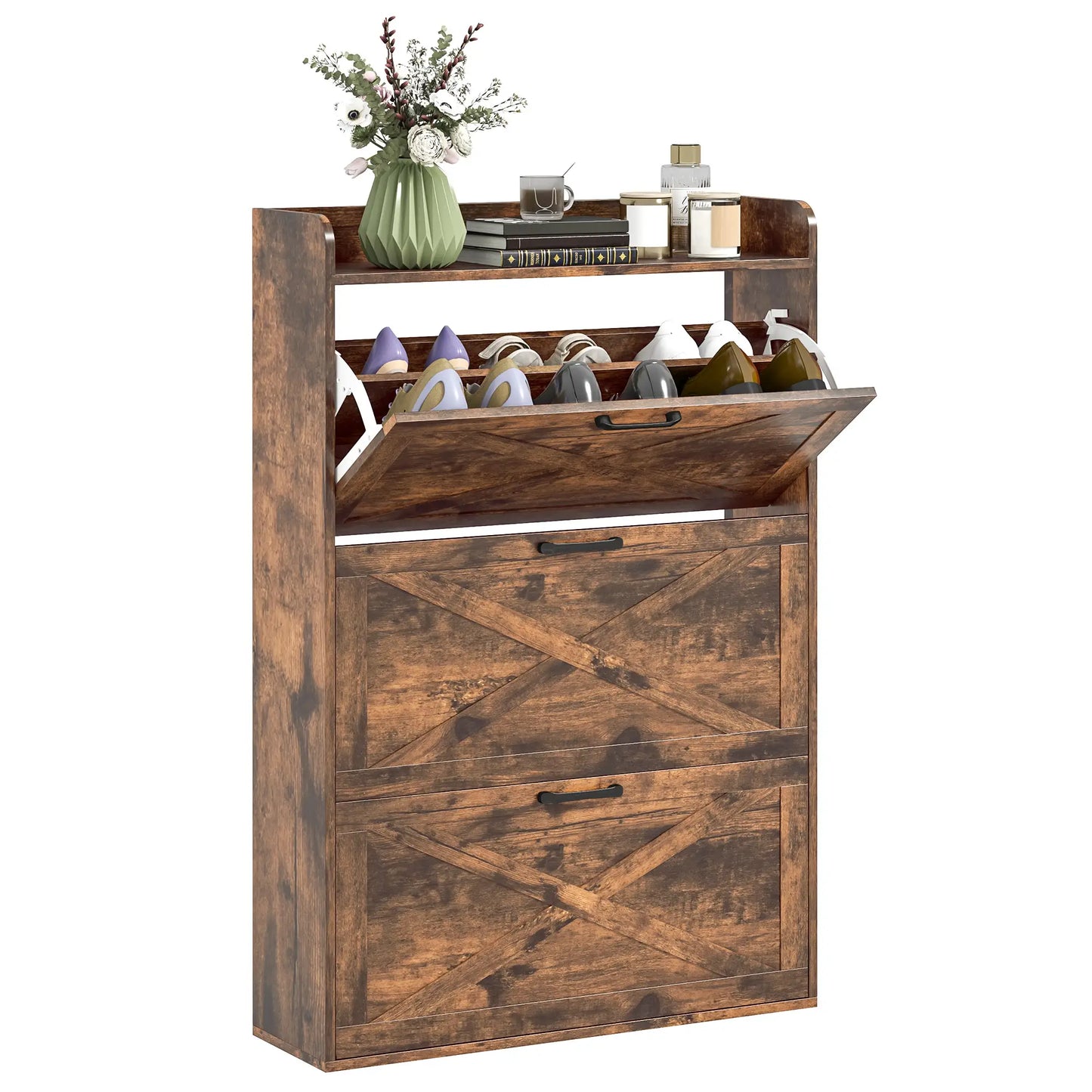 Narrow Shoe Storage Cabinet, 3 Flip Drawers, Adjustable Shelves, Rustic Brown Shoe Storage Cabinets & Racks at Gallery Canada