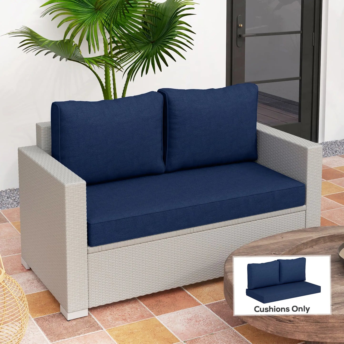 2 Seater Outdoor Seat Cushions with Backrest, Fade-Resistant, Navy Blue Patio Chair Cushions at Gallery Canada