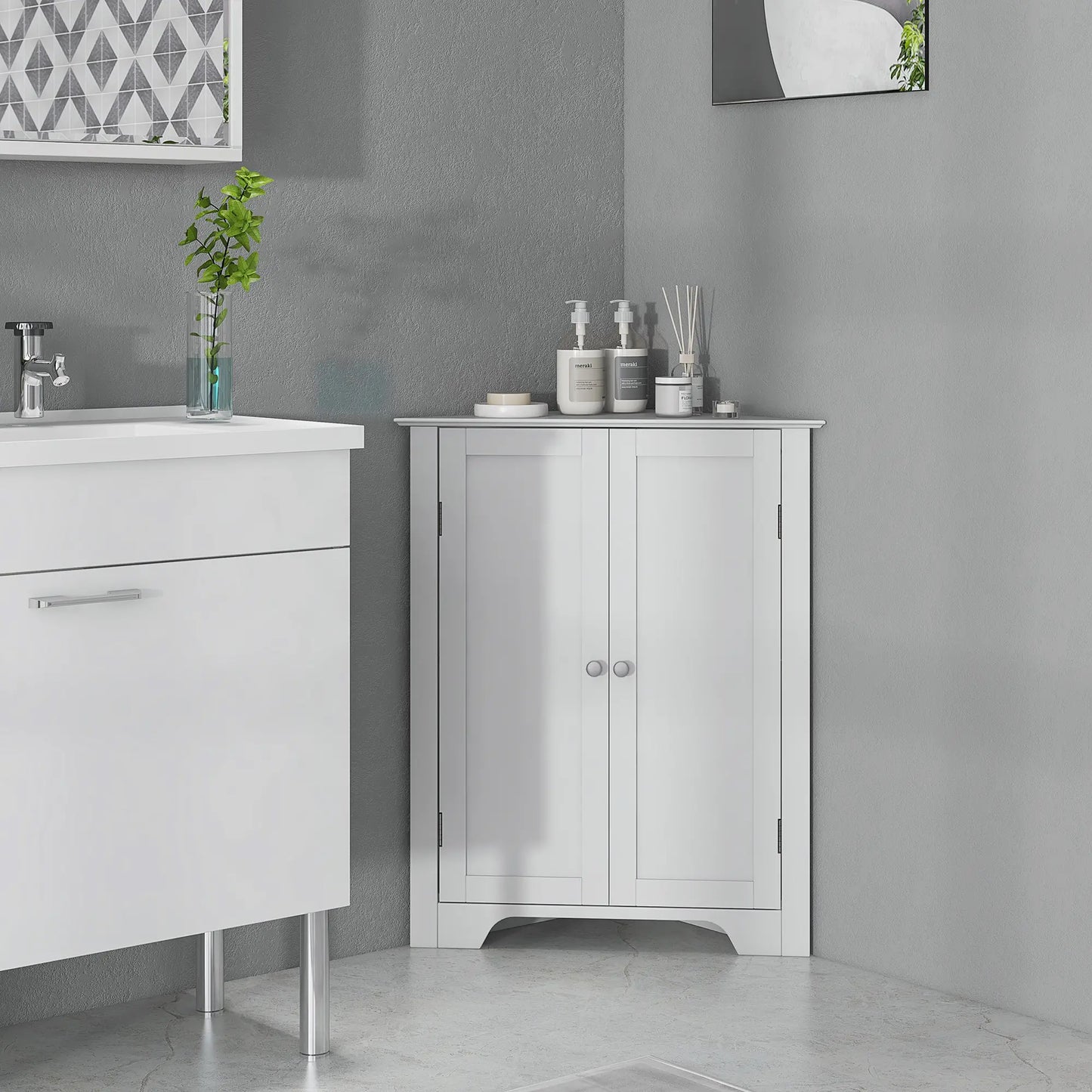 Modern Bathroom Storage Cabinet, Corner with Doors, Adjustable Shelf, White Bathroom Cabinets at Gallery Canada