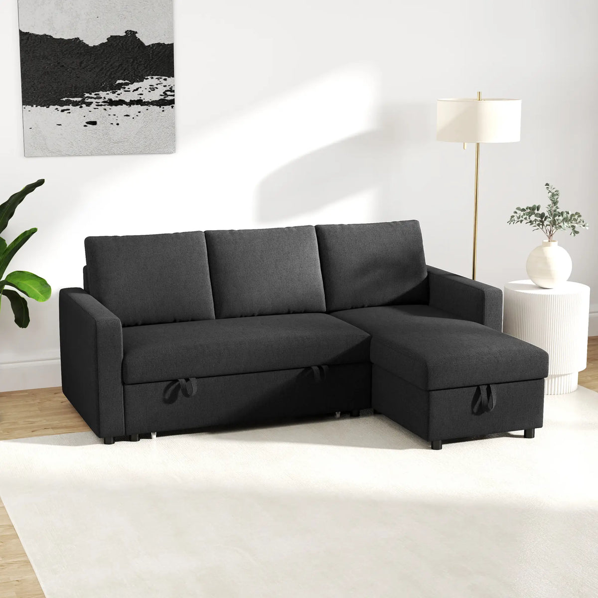 Convertible Corner Sofa Bed, Built-In Storage, 3 Removable Cushions, Black Sofas & Reclining Chairs at Gallery Canada