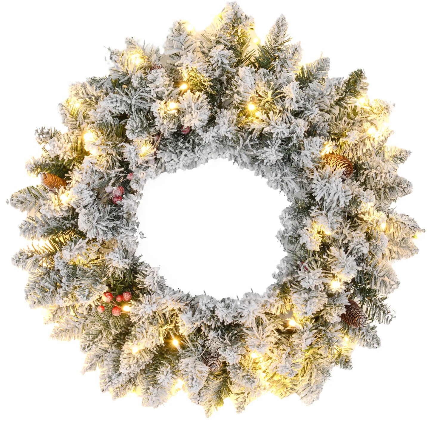 24" Flocked Christmas Wreath with Lights, Pine Cones, Berries, Green Christmas Wreaths Green at Gallery Canada