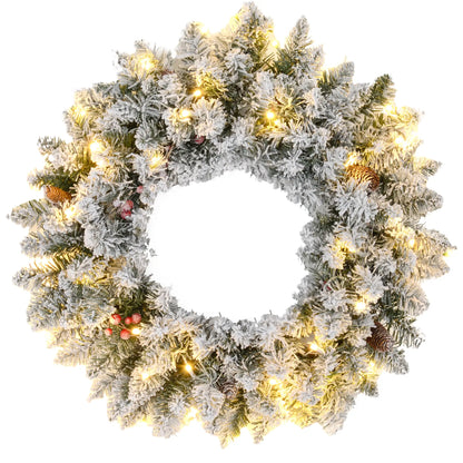 24" Flocked Christmas Wreath with Lights, Pine Cones, Berries, Green Christmas Wreaths Green at Gallery Canada