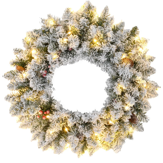 24" Flocked Christmas Wreath with Lights, Pine Cones, Berries, Green Christmas Wreaths Green at Gallery Canada