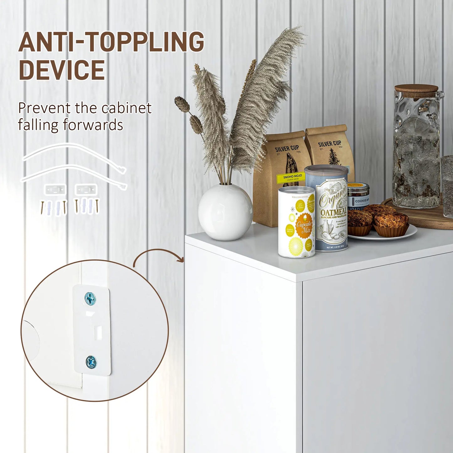 Modern Kitchen Sideboard, Coffee Bar with 2 Drawers, White Kitchen Pantry Cabinets at Gallery Canada