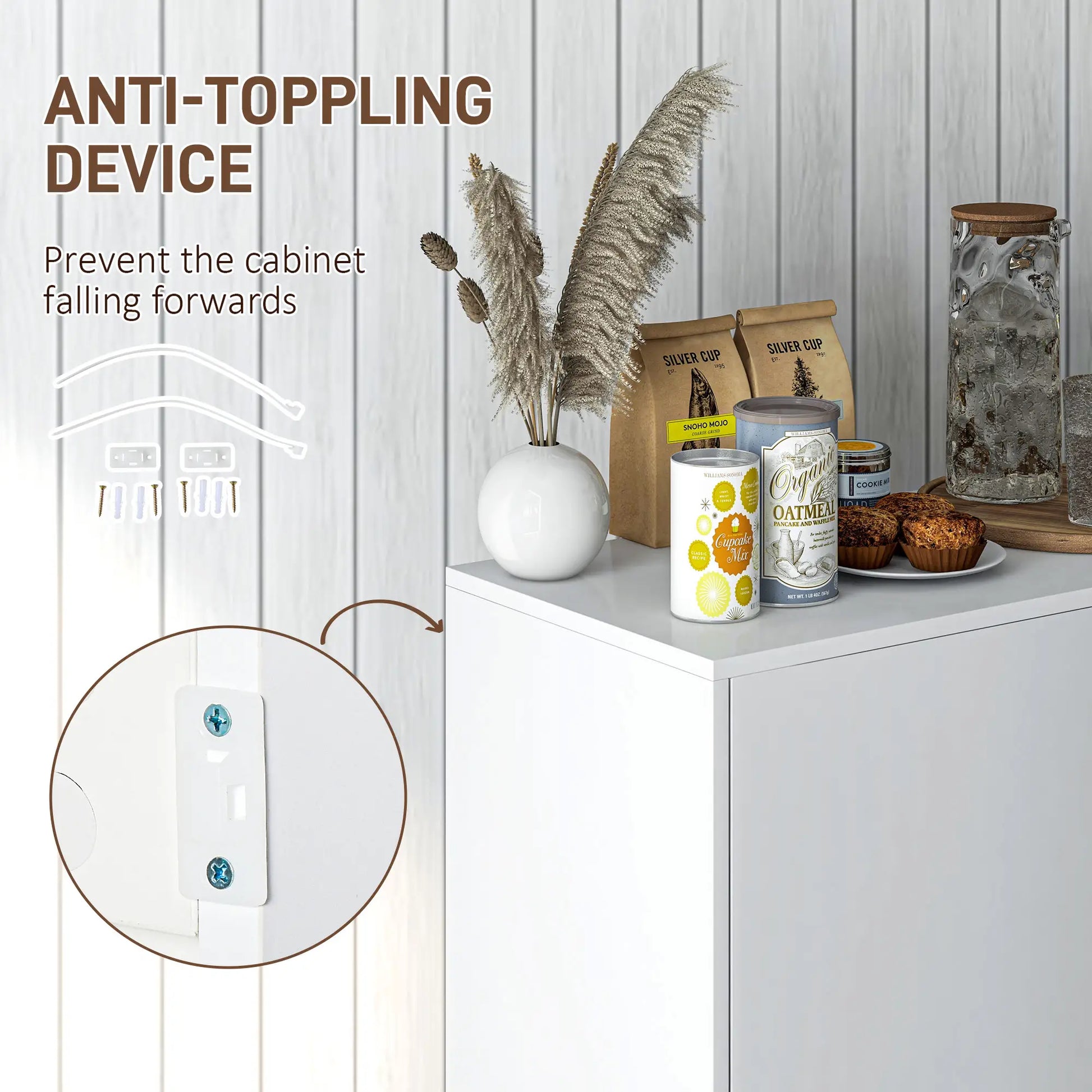 Modern Kitchen Sideboard, Coffee Bar with 2 Drawers, White Kitchen Pantry Cabinets at Gallery Canada