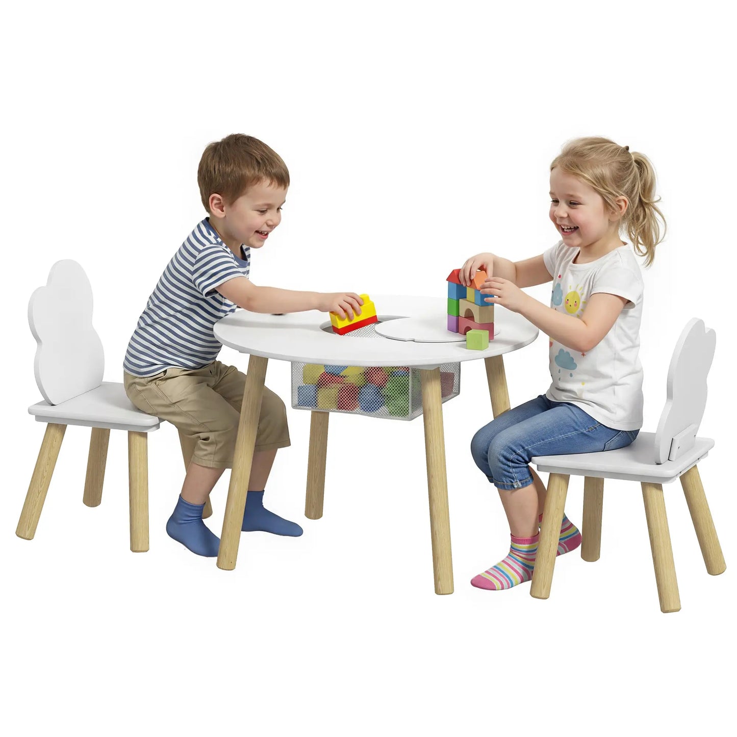 Kids Table and Chairs Set With Storage, White