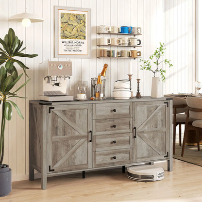 59" Buffet Cabinet, Farmhouse Sideboard, 2 Barn Doors, 4 Drawers, Grey Storage Cabinets at Gallery Canada
