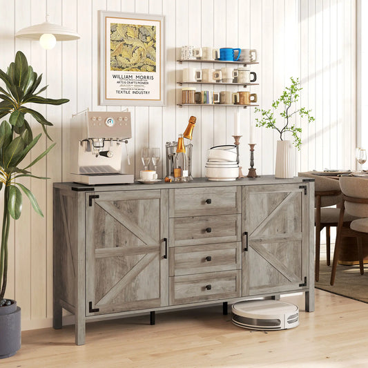 59" Buffet Cabinet, Farmhouse Sideboard, 2 Barn Doors, 4 Drawers, Grey
