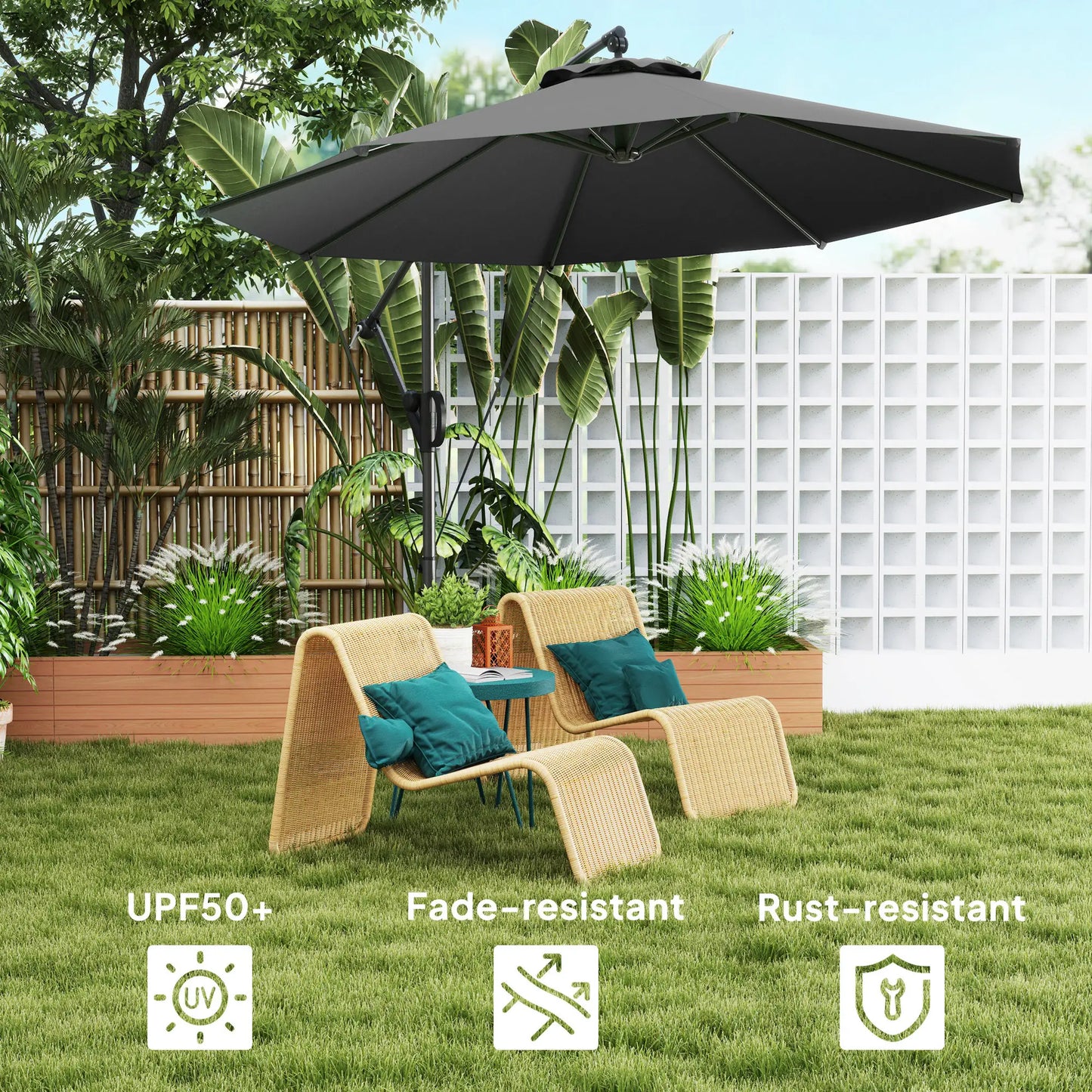 118.1" Patio Offset Umbrella, With Cover, Wind Strap, Crank, Tilt, UPF50+, Grey Offset Cantilever Umbrellas at Gallery Canada