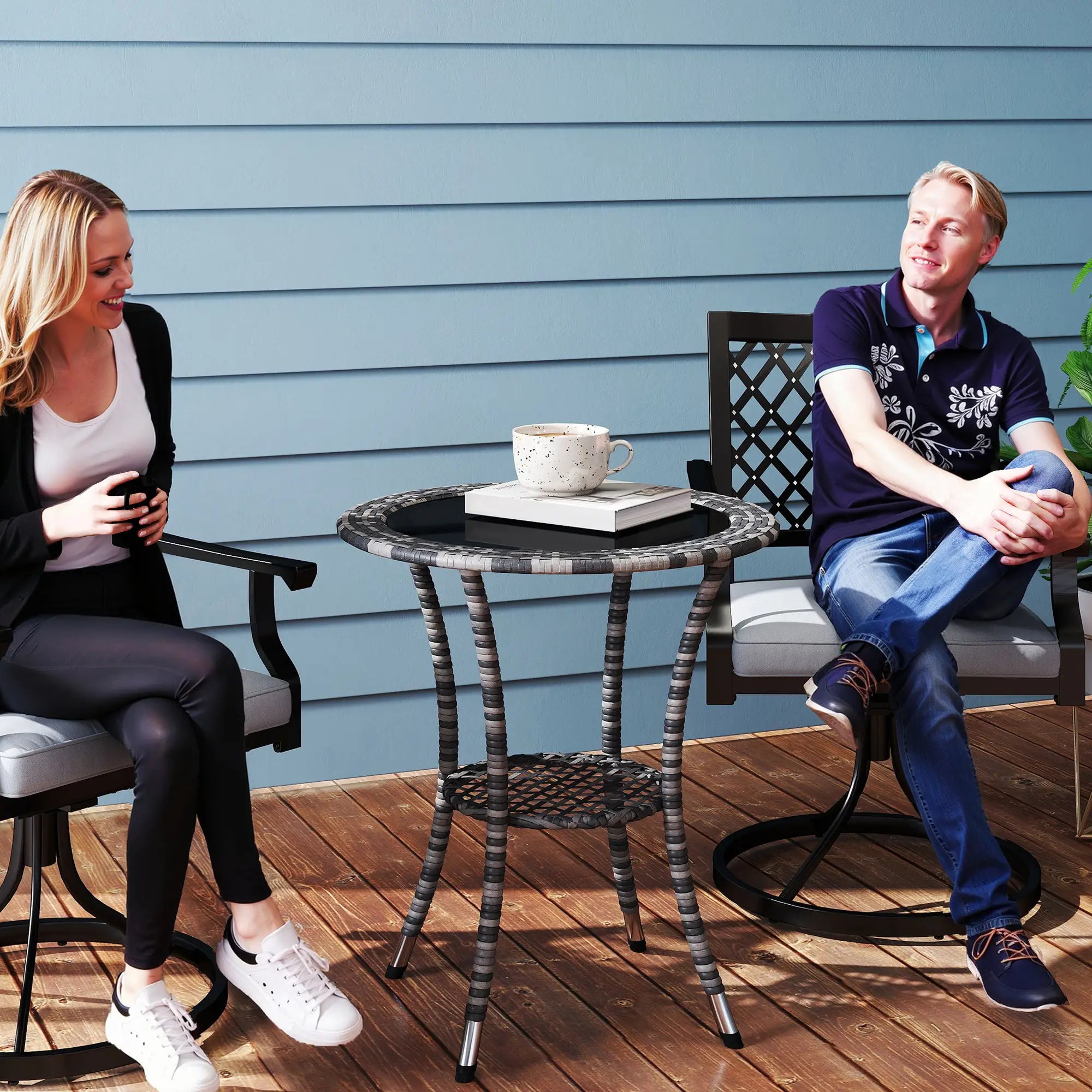 Outdoor Rattan Dining Table, Round Wicker Coffee Table, 2-Tier Shelf, Mixed Grey Patio Dinning Tables at Gallery Canada