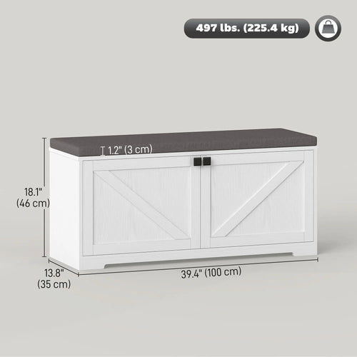 Shoe Storage Bench with Padded Seat, 8 Pairs, White Wood Grain, White