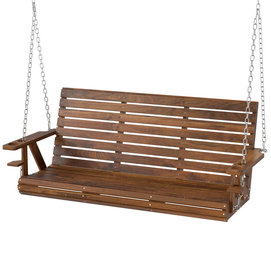 Carbonized Wooden 3-Seater Swing Bench with Cupholders Hanging Porch Swings Carbonized at Gallery Canada