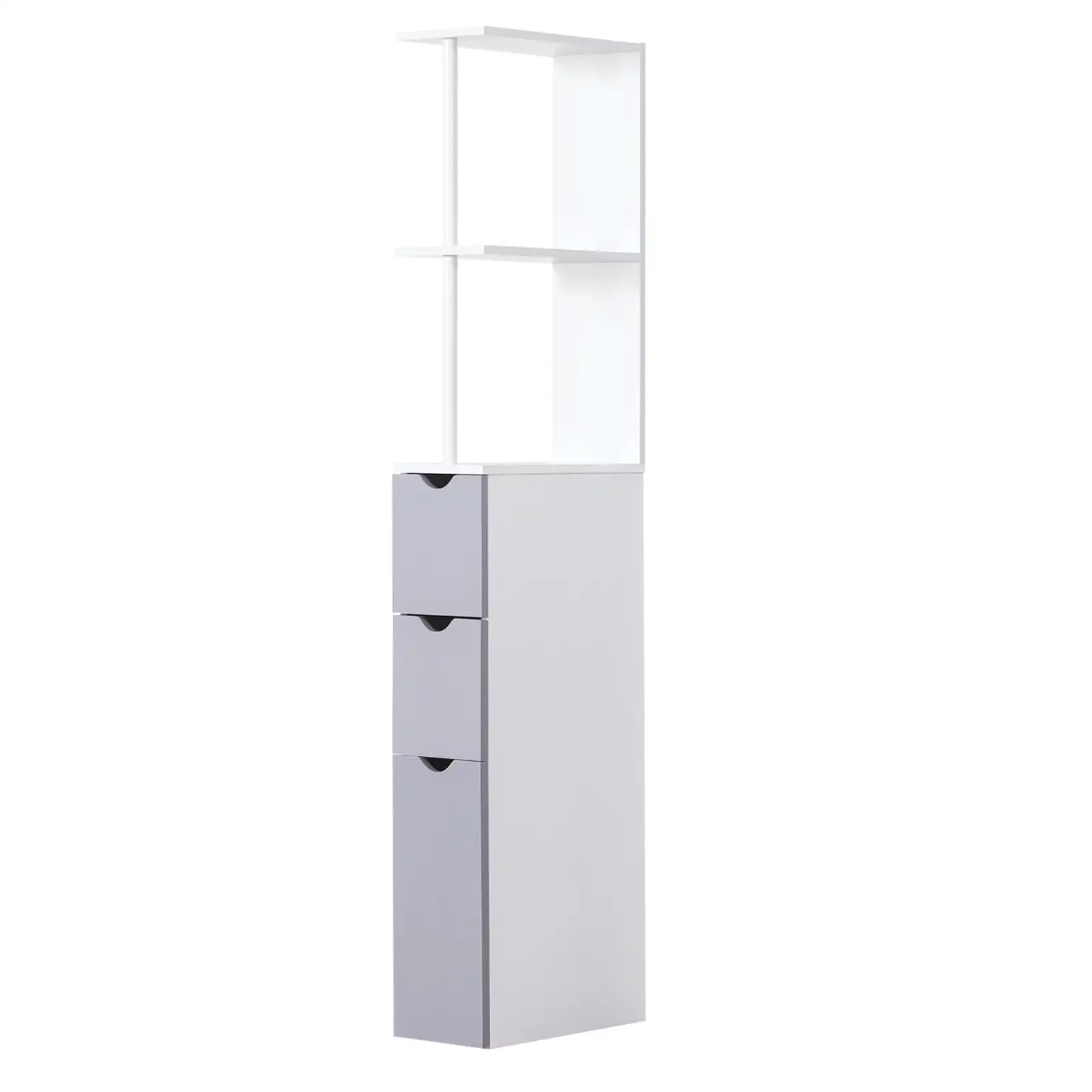 Tall Narrow Bathroom Storage Cabinet with Drawers, Open Shelves, White Grey Bathroom Cabinets at Gallery Canada