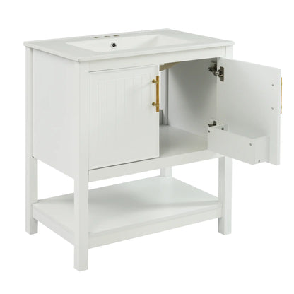 Bathroom Vanity with Ceramic Sink, Gold Handles, Soft Close Doors, 30" L x 18.5" W x 34" H, White Sink Cabinets at Gallery Canada