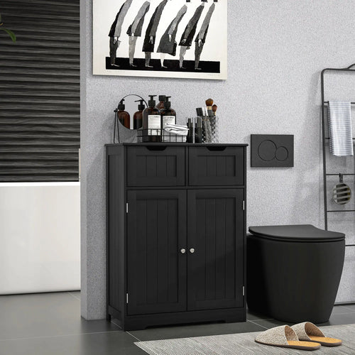 Bathroom Storage Cabinet, 2 Drawers, Adjustable Shelf, Black