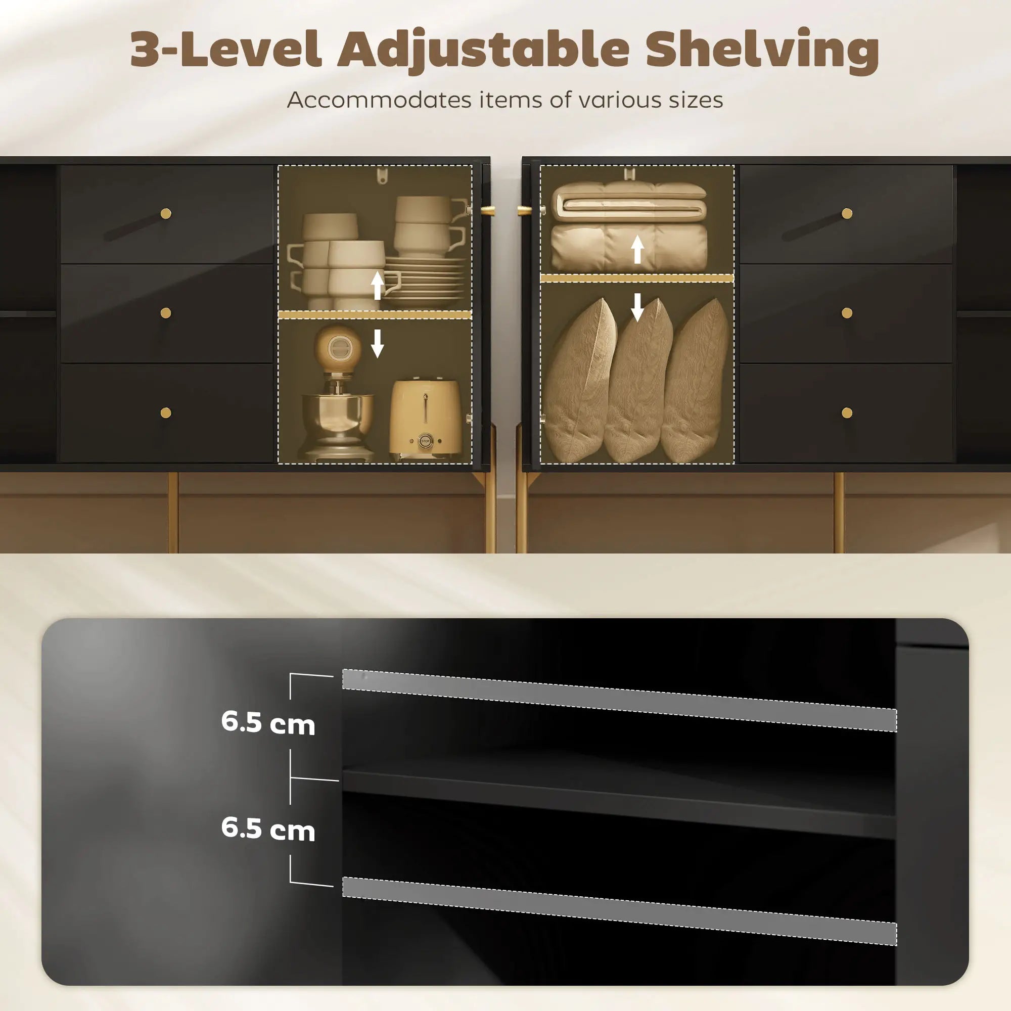 Buffet Cabinet, Modern Sideboard with 3 Drawers and 2 Shelves, Black Storage Cabinets at Gallery Canada