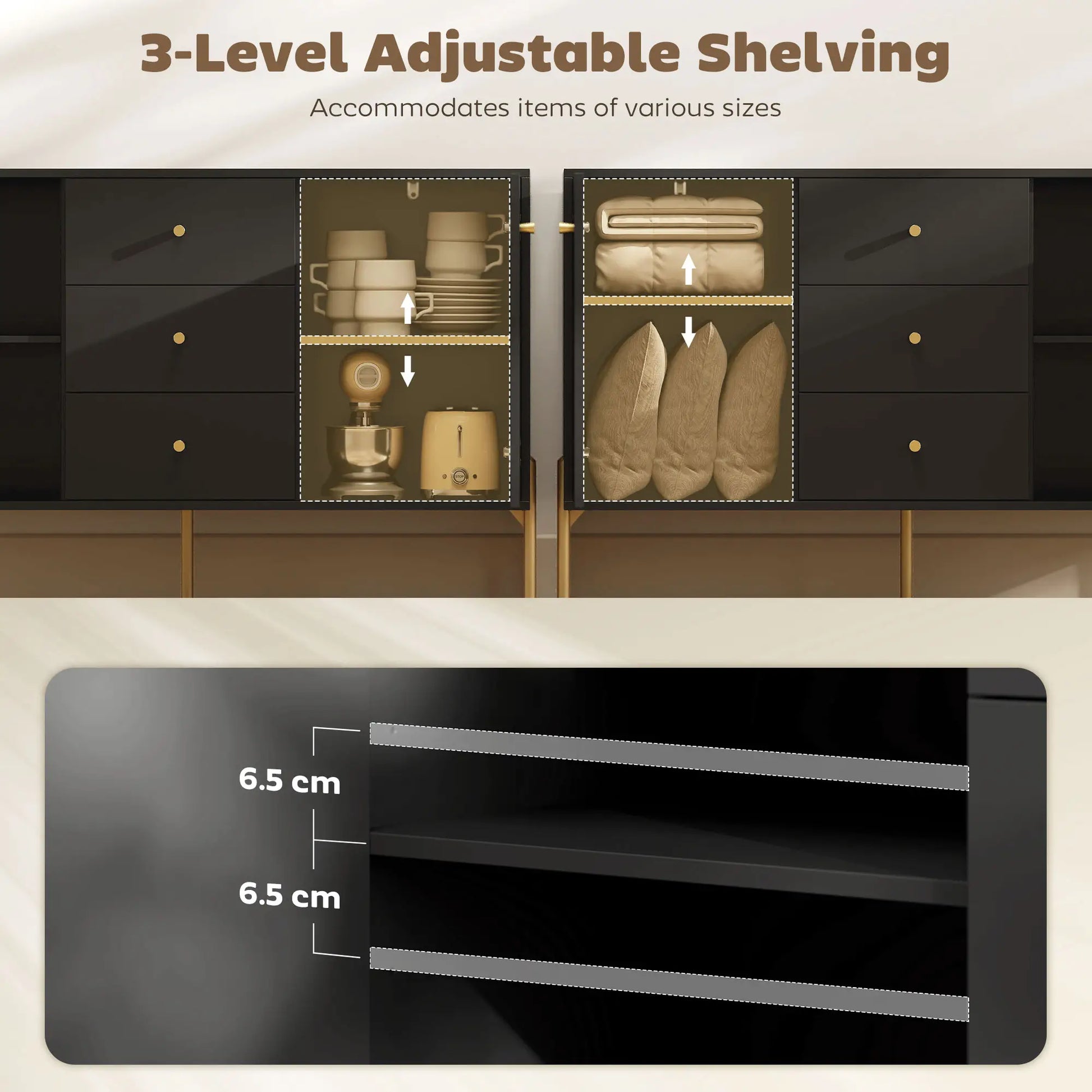 Buffet Cabinet, Modern Sideboard with 3 Drawers and 2 Shelves, Black Storage Cabinets at Gallery Canada