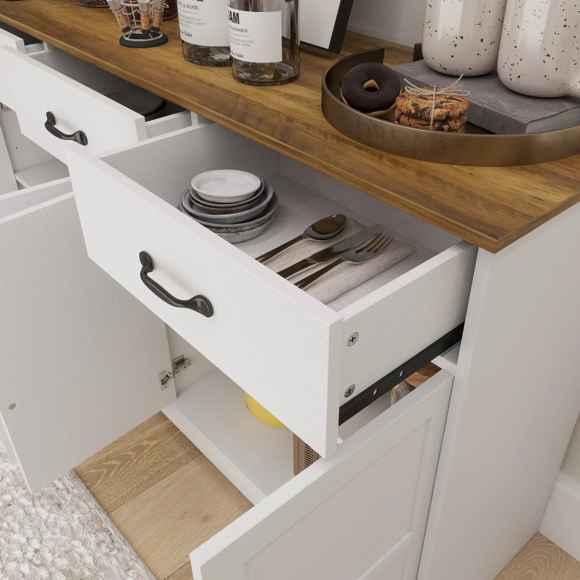 Modern Sideboard Buffet Cabinet, Distressed White, 3 Drawers, Adjustable Shelves, White Bar Cabinets at Gallery Canada