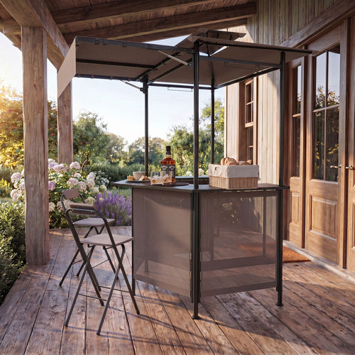 BBQ Gazebo Canopy with 4 Shelves, 6 Hooks, 2 Glass Holders, Brown