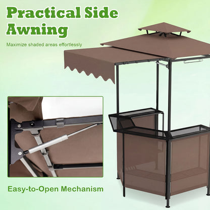 BBQ Gazebo Canopy with 4 Shelves, 6 Hooks, 2 Glass Holders, Brown