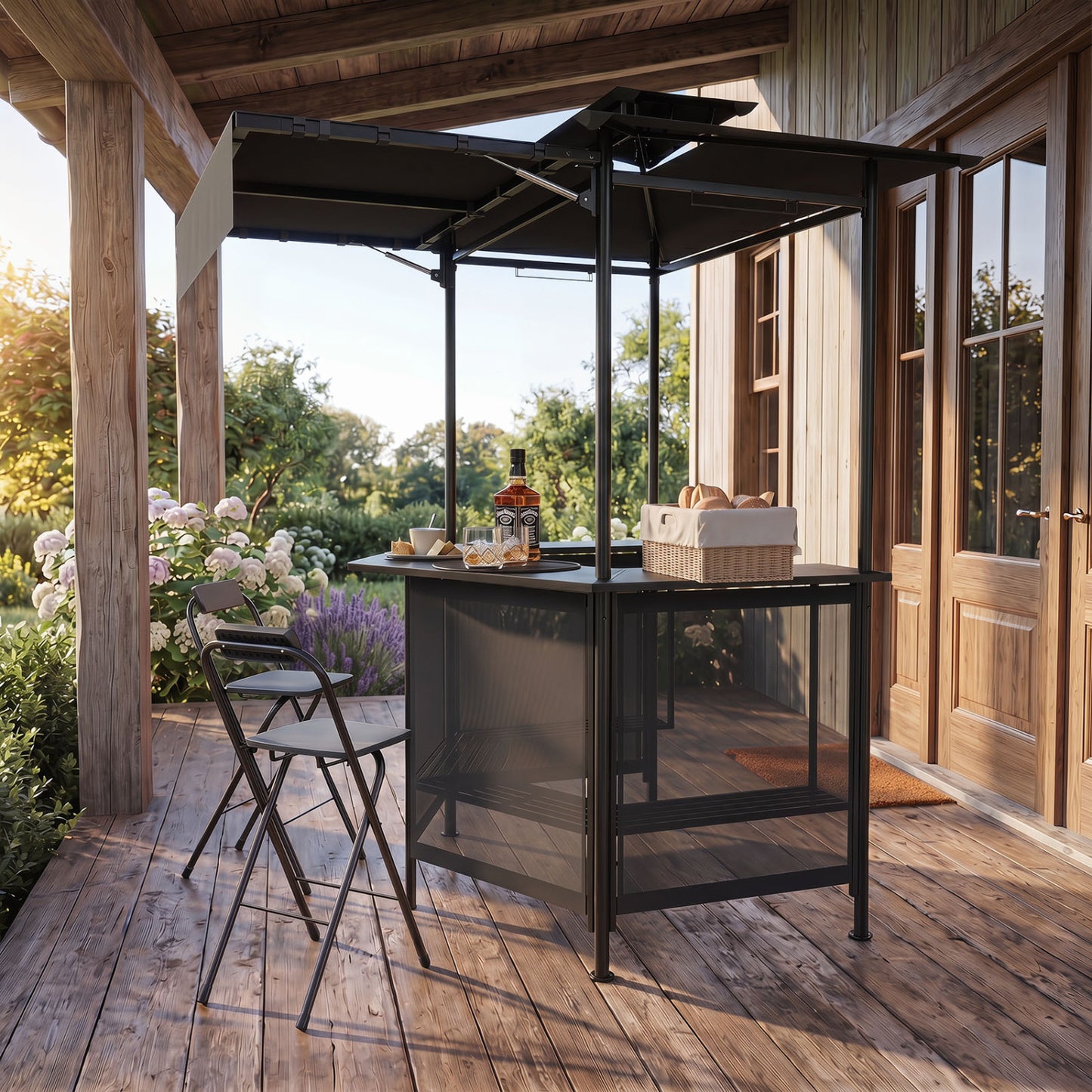 BBQ Gazebo Canopy with 4 Slatted Metal Shelves 6 Hanging Hooks and 2-Row Glass Holders, Black