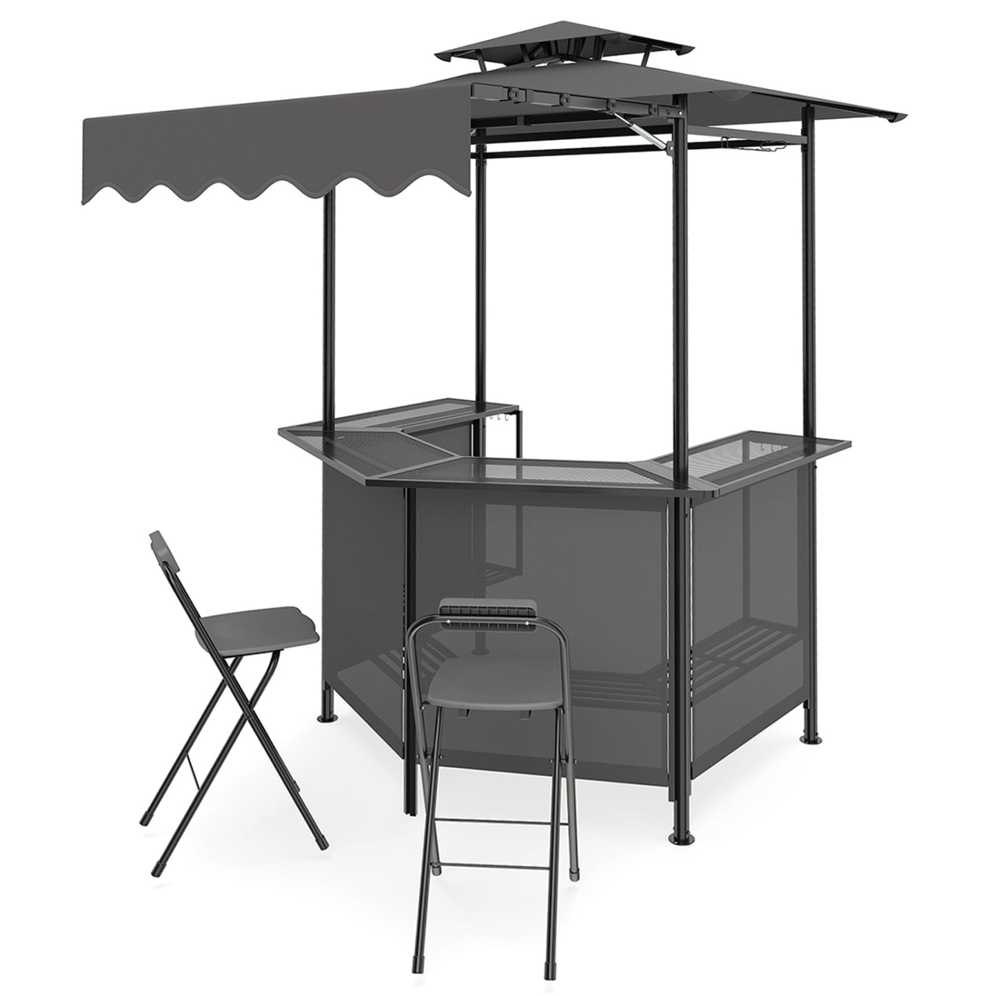 BBQ Gazebo Canopy with 4 Slatted Metal Shelves 6 Hanging Hooks and 2-Row Glass Holders, Black