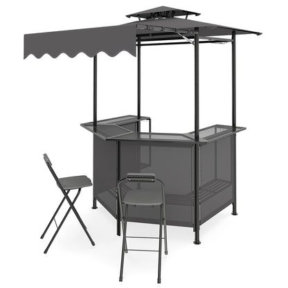 BBQ Gazebo Canopy with 4 Slatted Metal Shelves 6 Hanging Hooks and 2-Row Glass Holders, Black