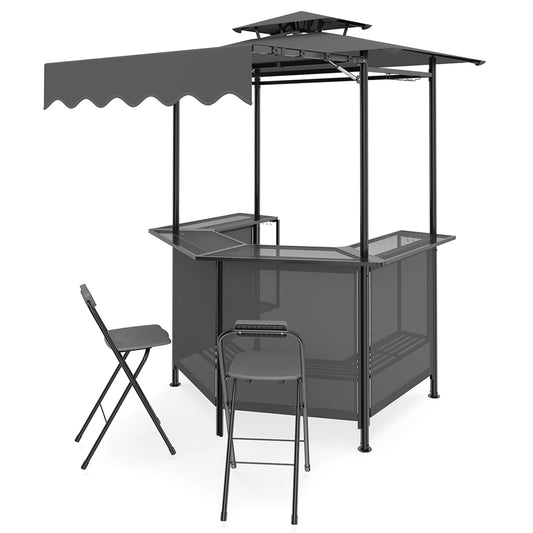 BBQ Gazebo Canopy with 4 Slatted Metal Shelves 6 Hanging Hooks and 2-Row Glass Holders, Black Patio Bar Furniture Black at Gallery Canada