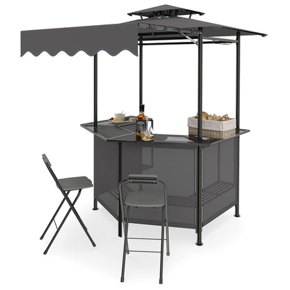 BBQ Gazebo Canopy with 4 Slatted Metal Shelves 6 Hanging Hooks and 2-Row Glass Holders, Black