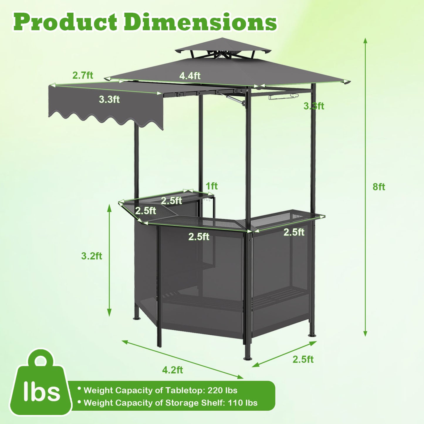 BBQ Gazebo Canopy with 4 Slatted Metal Shelves 6 Hanging Hooks and 2-Row Glass Holders, Black