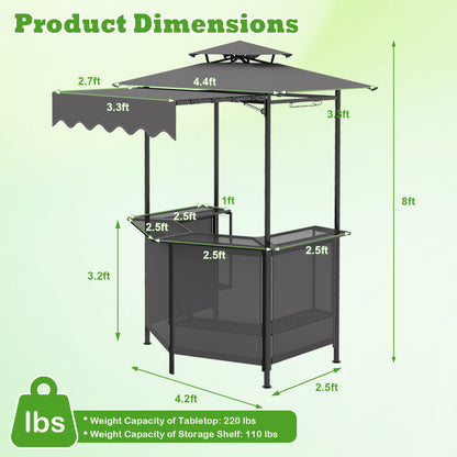 BBQ Gazebo Canopy with 4 Slatted Metal Shelves 6 Hanging Hooks and 2-Row Glass Holders, Black