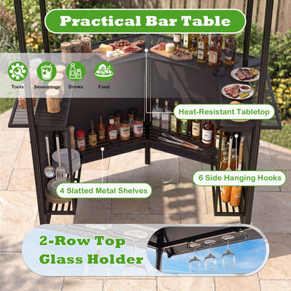 BBQ Gazebo Canopy with 4 Slatted Metal Shelves 6 Hanging Hooks and 2-Row Glass Holders, Black
